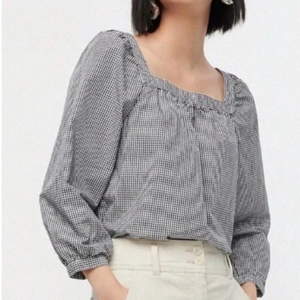 J Crew Gingham Black and White Penny Square Neck Top